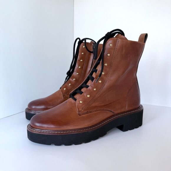 NIB Paul Green Joan Lace-Up Combat Ankle Bootie in Cognac Brown Leather Size 6 - Picture 6 of 11